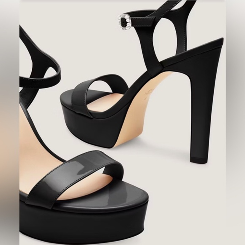 STUART WEITZMAN Dazzle 130 black patent open toe pearl buckle Platform‎ heels